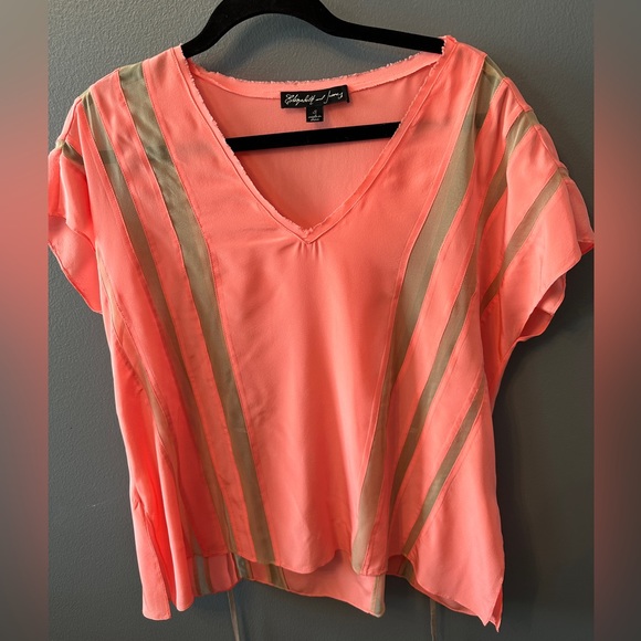 ELIZABETH AND JAMES 100% silk peach silk top with sheer panels, sz small - Picture 4 of 10